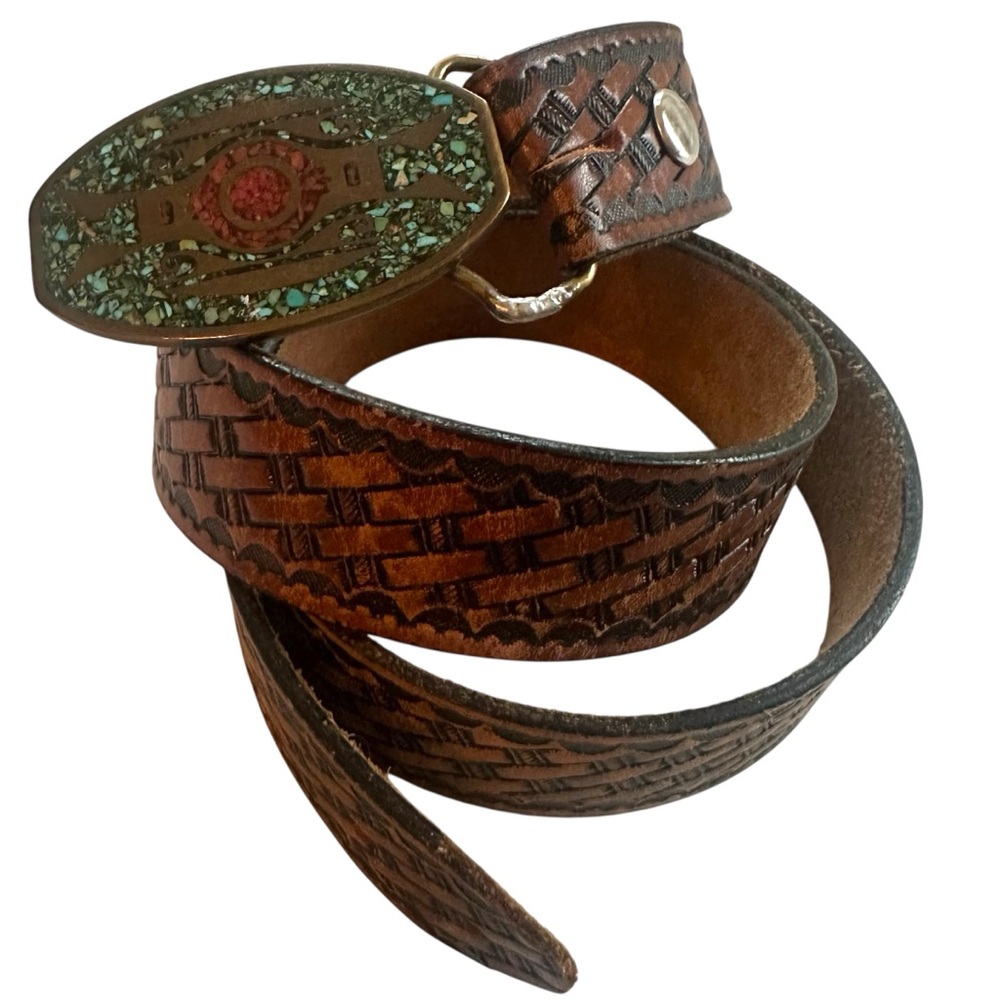 Hand Tooled Belt with Buckle 42-44 - Picture 2 of 10
